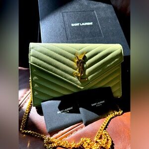 AUTHENTIC: Saint Laurent (YSL) small quilted cross body bag (sage green)